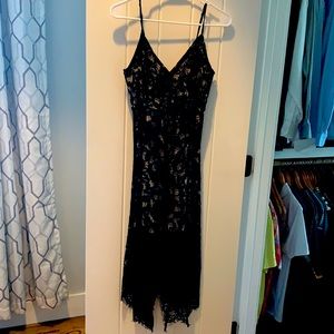 Lulu’s black lace dress. Mid length.